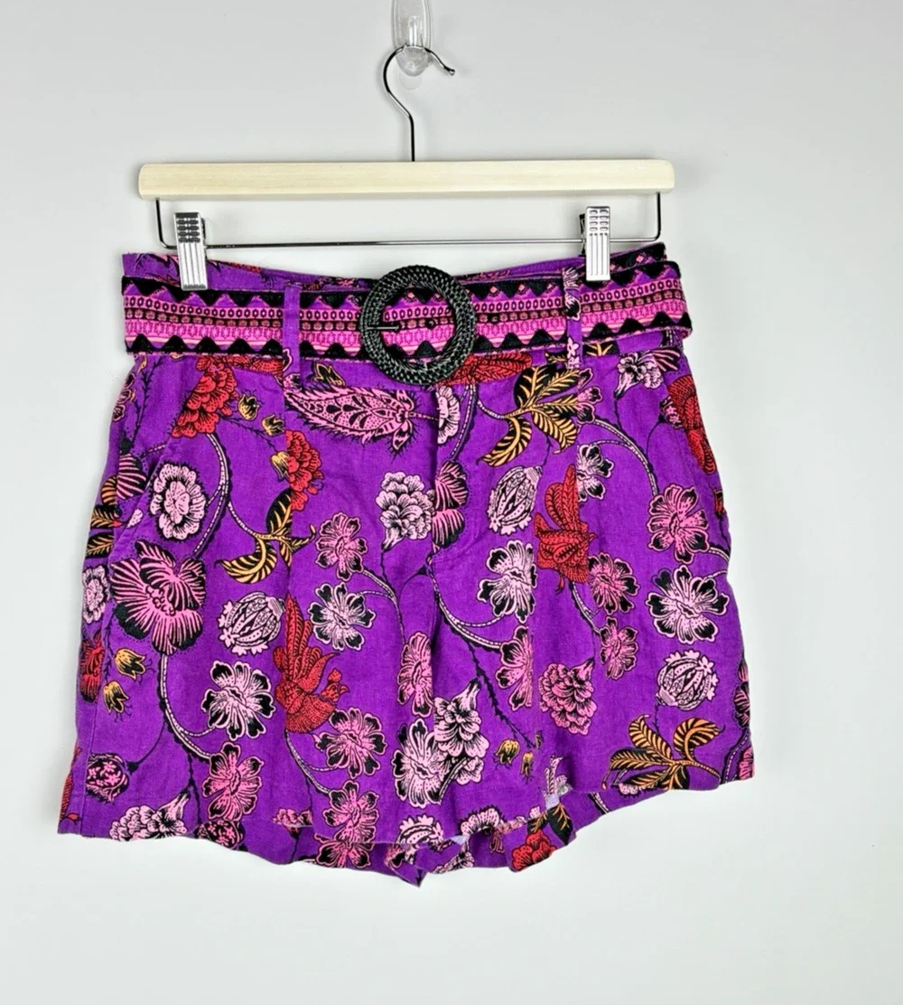 Nicole Miller New York Linen Shorts Womens 6 Purple Floral Print Belted Boho